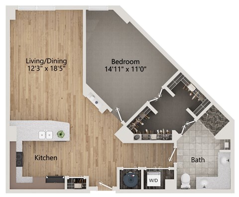 A floor plan of a home showing a living/dining area, kitchen, bathroom, and bedroom.